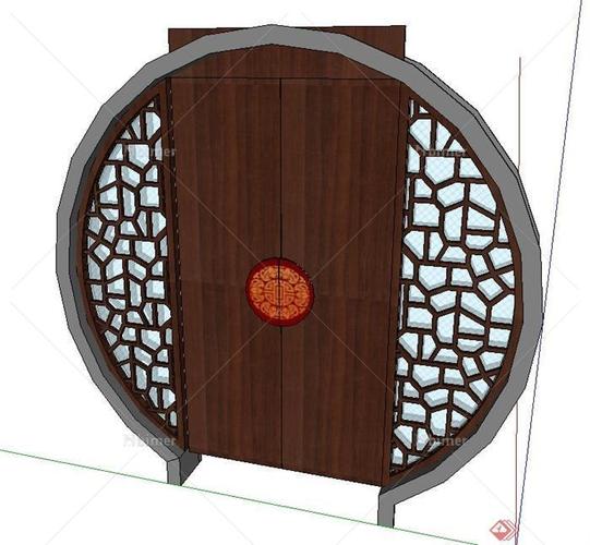 古典中式圆形木质门设计su模型